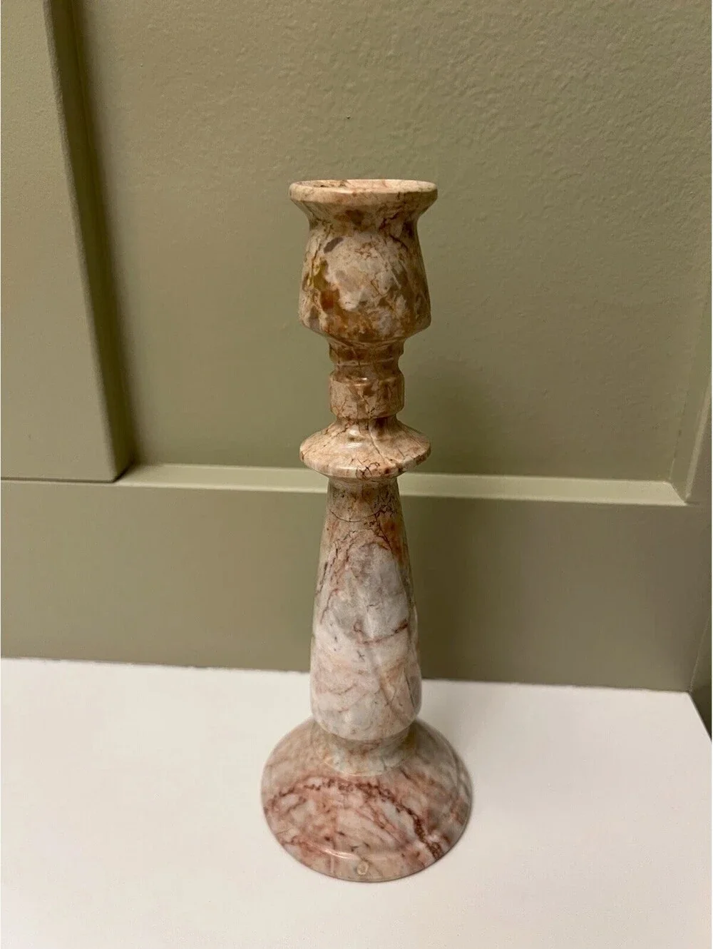 Vintage Pink Onyx 7” Taper Candle Stick Holder Marble Stone